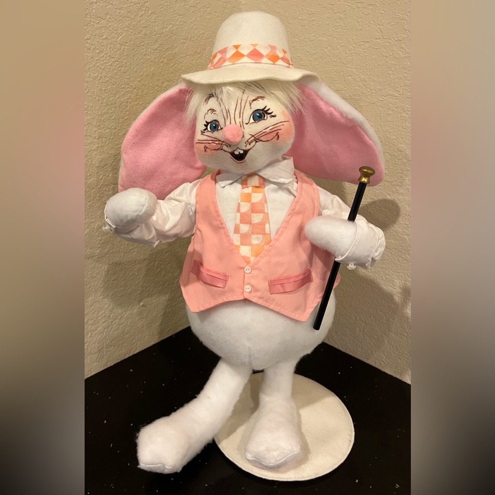 Annalee 2003 Spring Boy Bunny Doll Easter Pink Vest, Hat, Cane & Tie